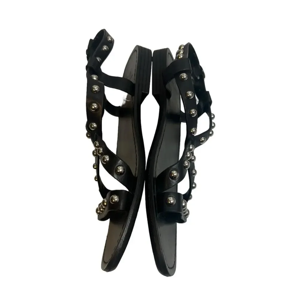 MARC FISHER Fianna Flat Studded Leather Sandals black silver Sz 8